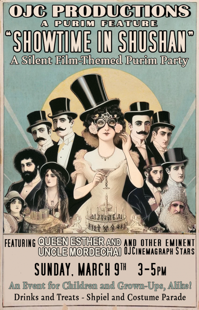 Poster advertising silent film themed Purim party